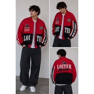 Loiter Racing Jacket Red Black Moto Streetwear Bomber Jacket Size M Y2K
